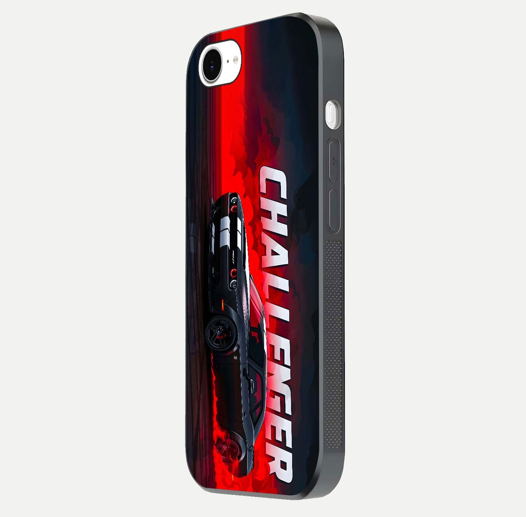 Crimson Challenger Fury Glass Case for iPhone 16e side-angle image showing curve reflection and red finish