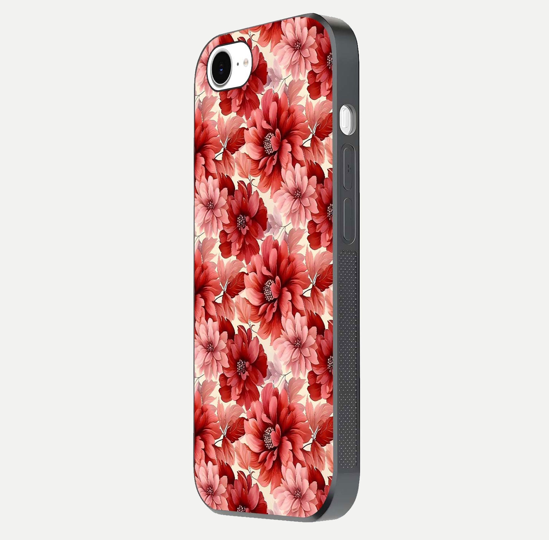 Crimson Love Petals Glass Case for iPhone 16e side-angle photo showing reflection glow and edge clarity