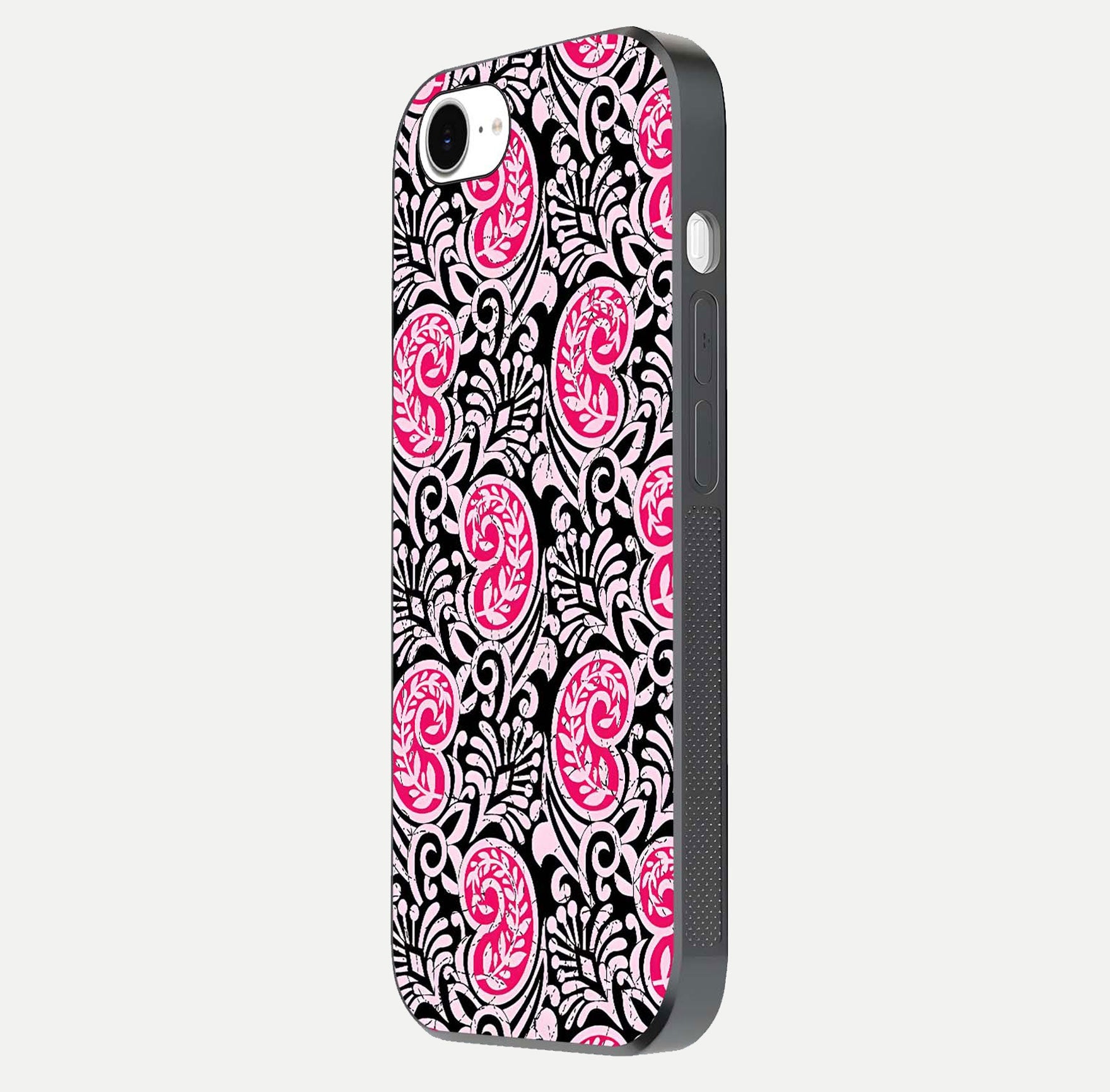 Crimson Paisley Charm Glass Case for iPhone 16e side-angle image showing reflection and smooth edges
