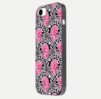 Crimson Paisley Charm Glass Case for iPhone 16e side-angle image showing reflection and smooth edges