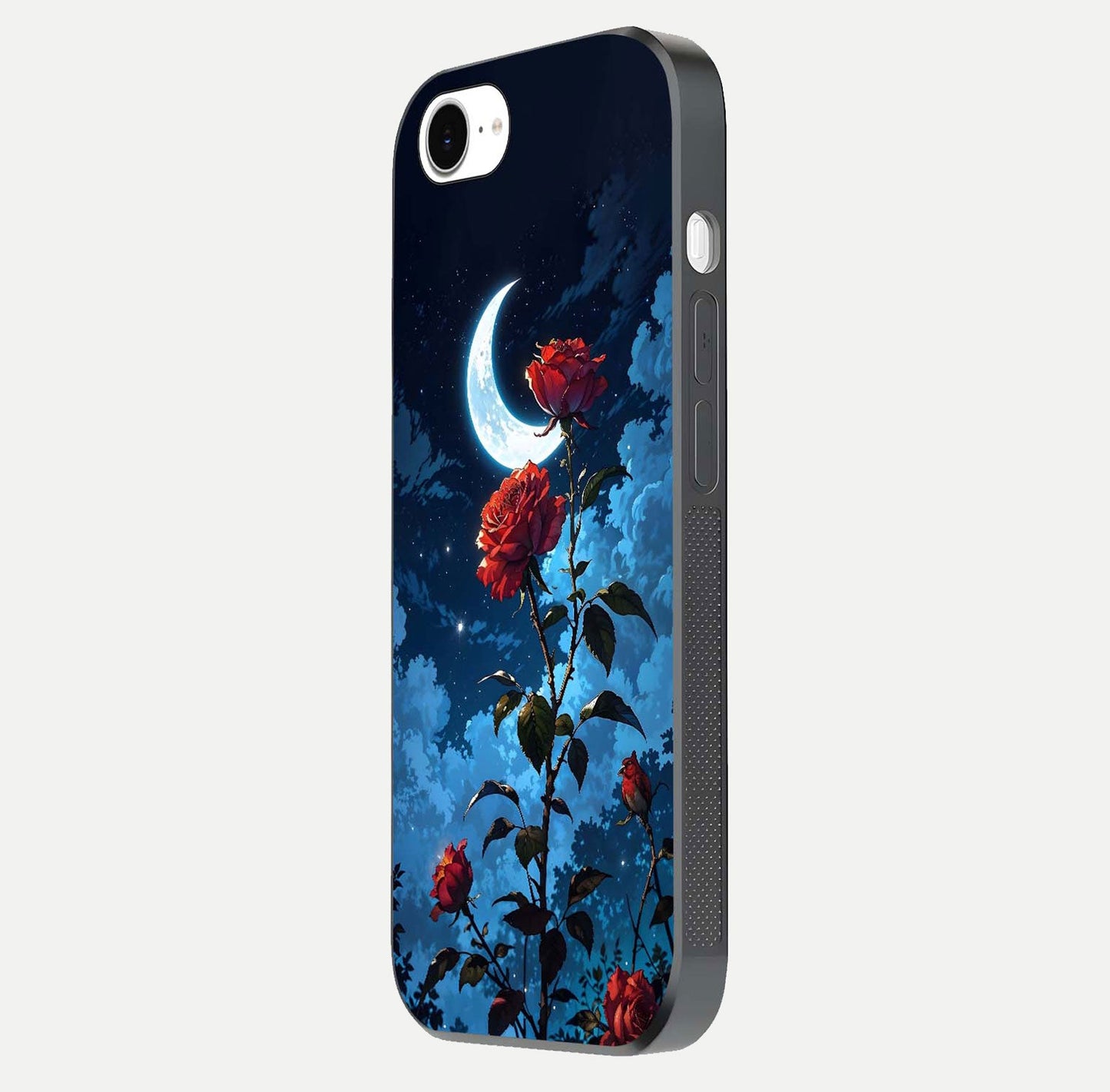 Crimson Rose Moon Glass Case for iPhone 16e side-angle photo showing reflective texture and smooth curve