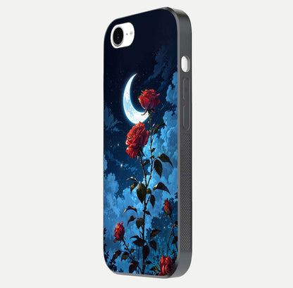 Crimson Rose Moon Glass Case for iPhone 16e side-angle photo showing reflective texture and smooth curve