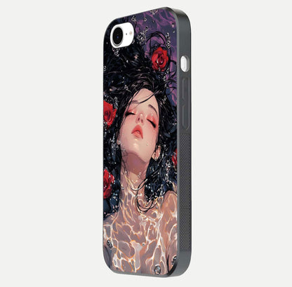 Crimson Rose Serenity Glass Case for iPhone 16e side-angle photo showing glass reflection and soft edges