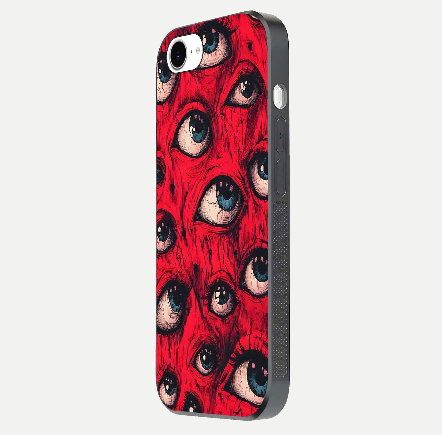 Crimson Watch Eyes Glass Case for iPhone 16e side-angle photo showing reflection texture and shine