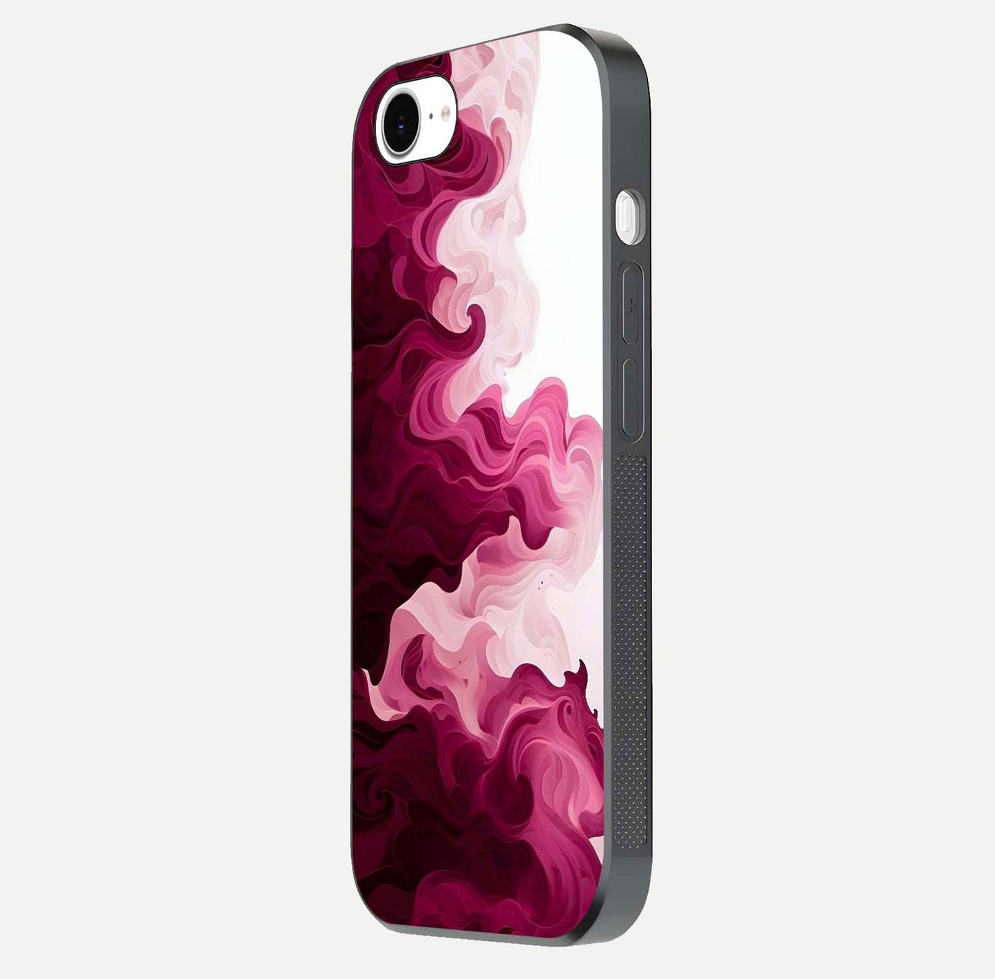Crimson Wave Flow Glass Case for iPhone 16e side-angle photo showing reflection glow and HD finish