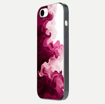 Crimson Wave Flow Glass Case for iPhone 16e side-angle photo showing reflection glow and HD finish