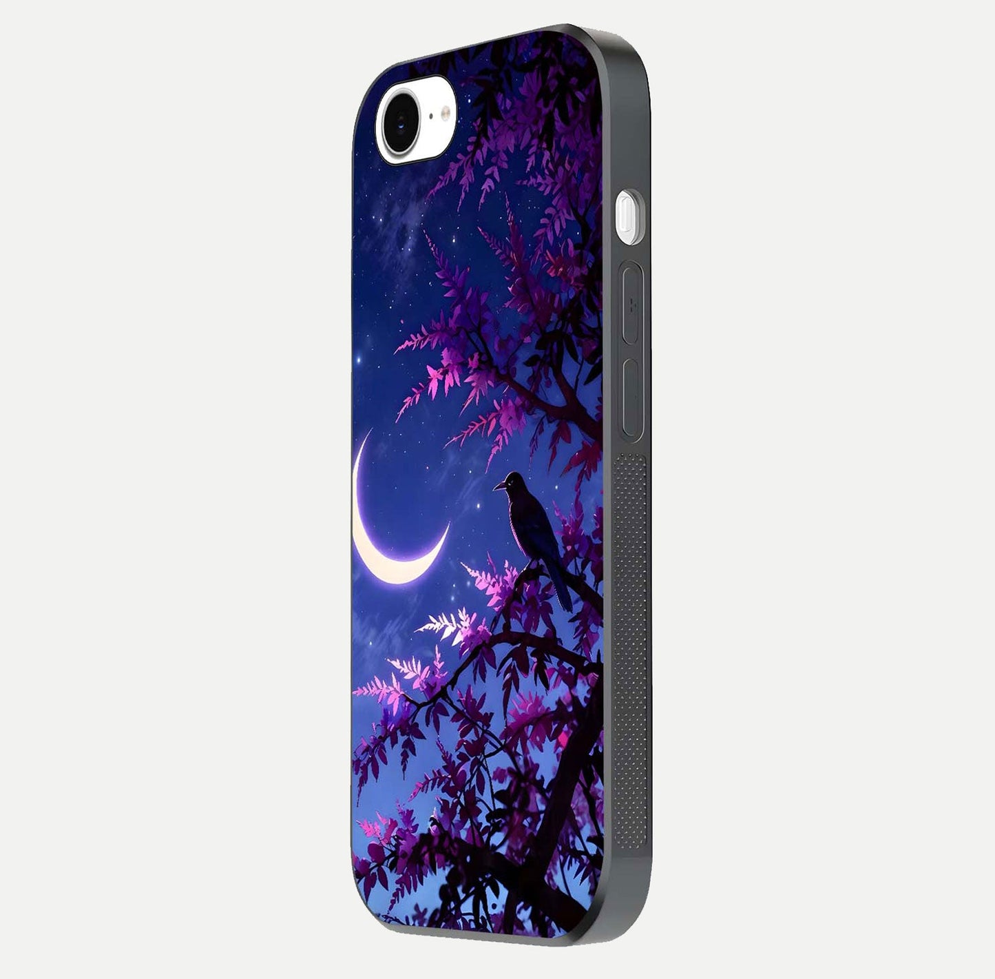 Crow & Moon Scenery Glass Case for iPhone 16e side-angle photo capturing glossy shine and artistic contrast