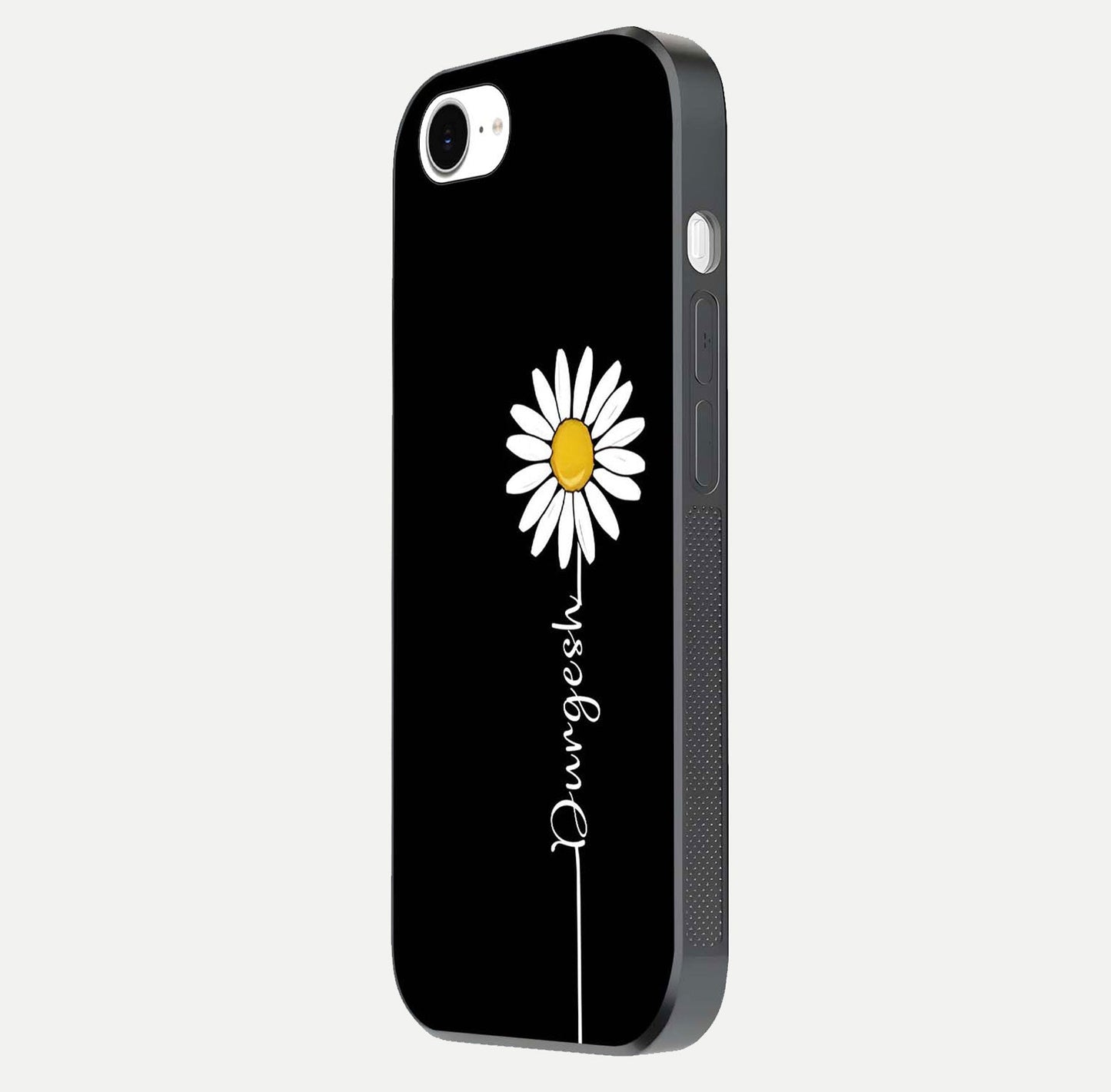 Custom Name White Flower Glass Case for iPhone 16e side-angle photo showing reflection shine and name clarity