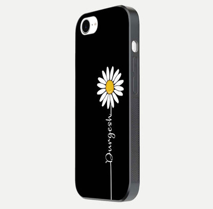 Custom Name White Flower Glass Case for iPhone 16e side-angle photo showing reflection shine and name clarity