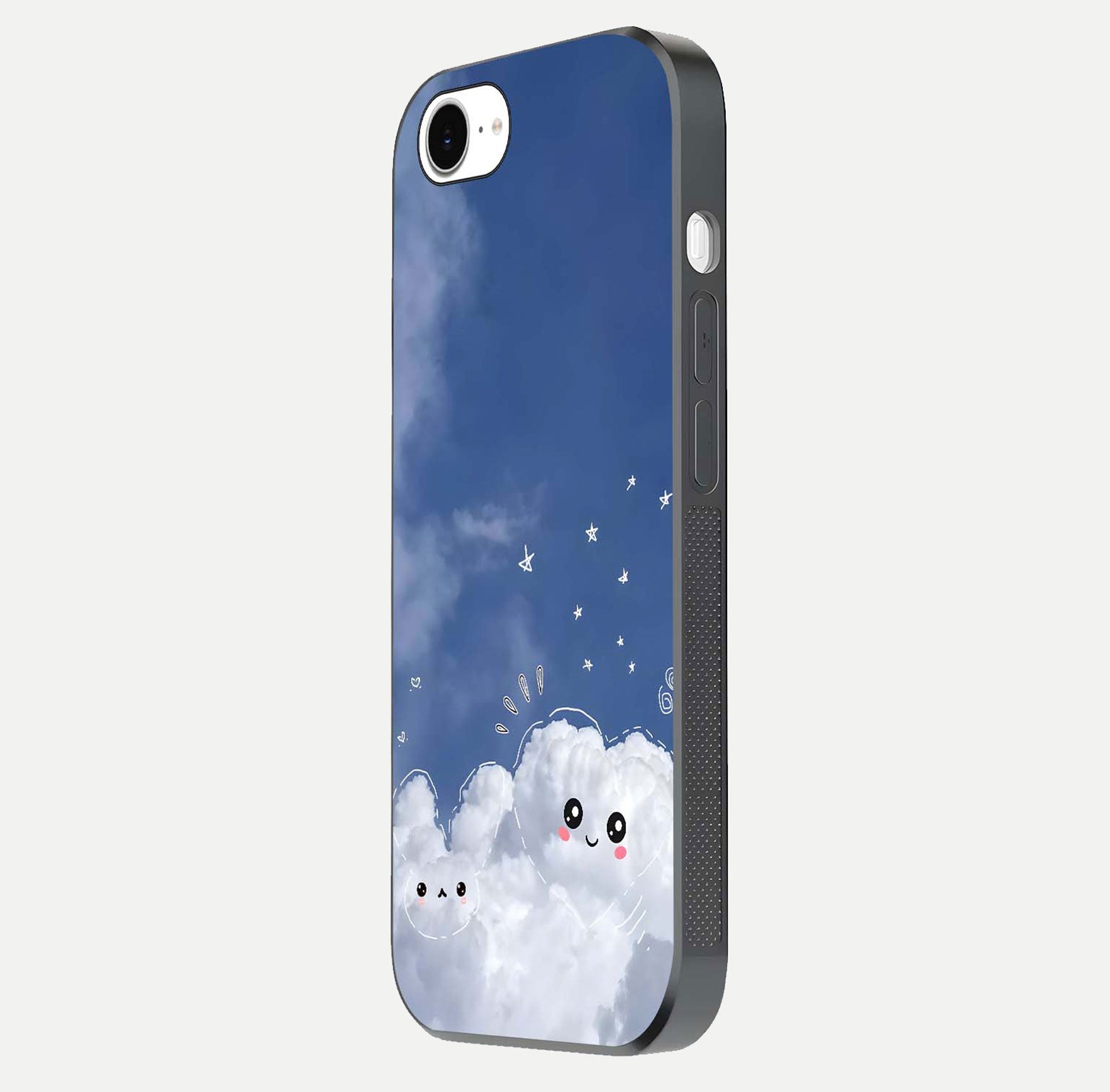Cute Blossom Cloud Glass Case for iPhone 16e side-angle image capturing gloss texture and curve reflection