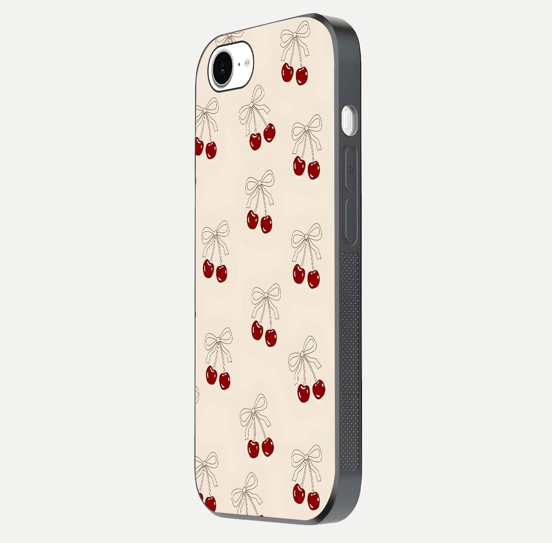 Cute Cherry Pattern Glass Case for iPhone 16e side-angle photo highlighting gloss curve and pattern clarity