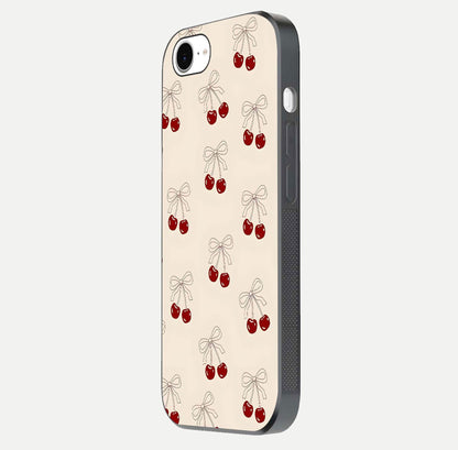 Cute Cherry Pattern Glass Case for iPhone 16e side-angle photo highlighting gloss curve and pattern clarity