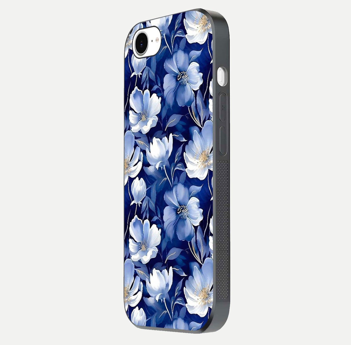 Cute Floral Patterns Glass Case for iPhone 16e side-angle image showing polished surface and gloss tone