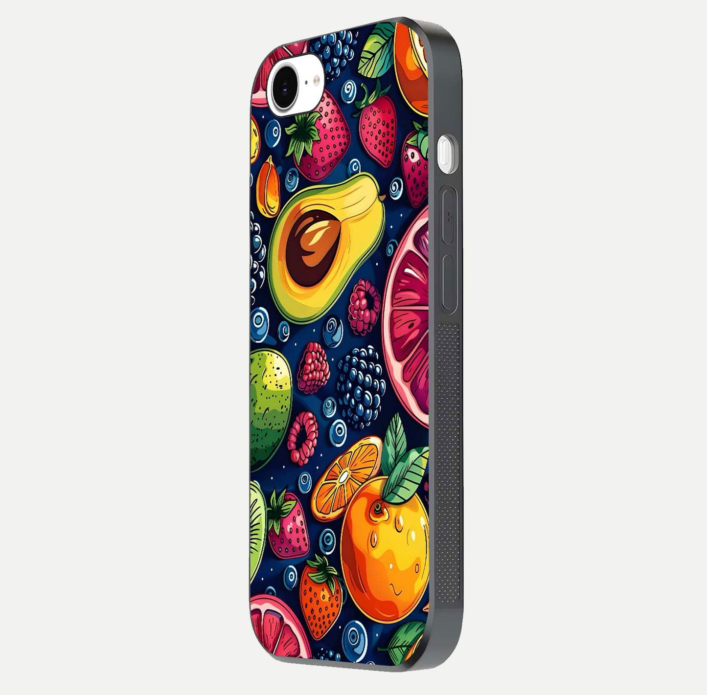 Cute Fruits Art Glass Case for iPhone 16e side-angle photo showing reflective finish and smooth edges