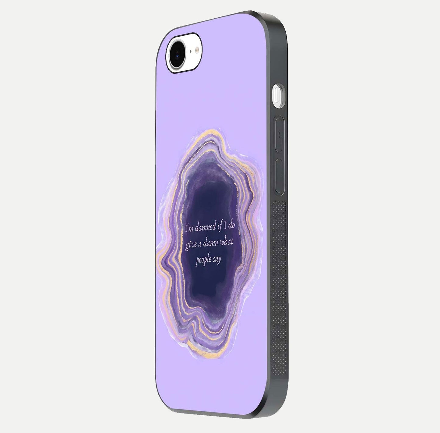 Damned People Quote Glass Case for iPhone 16e side-angle image showing light shine and smooth edges