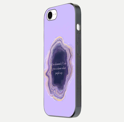 Damned People Quote Glass Case for iPhone 16e side-angle image showing light shine and smooth edges