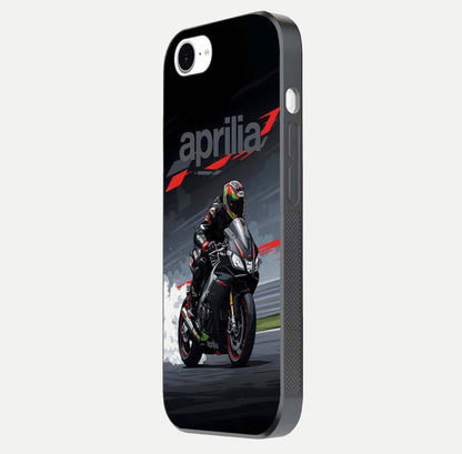 Dark Aprilla Glass Case for iPhone 16e side-angle photo showing reflection gloss and curved edge finish