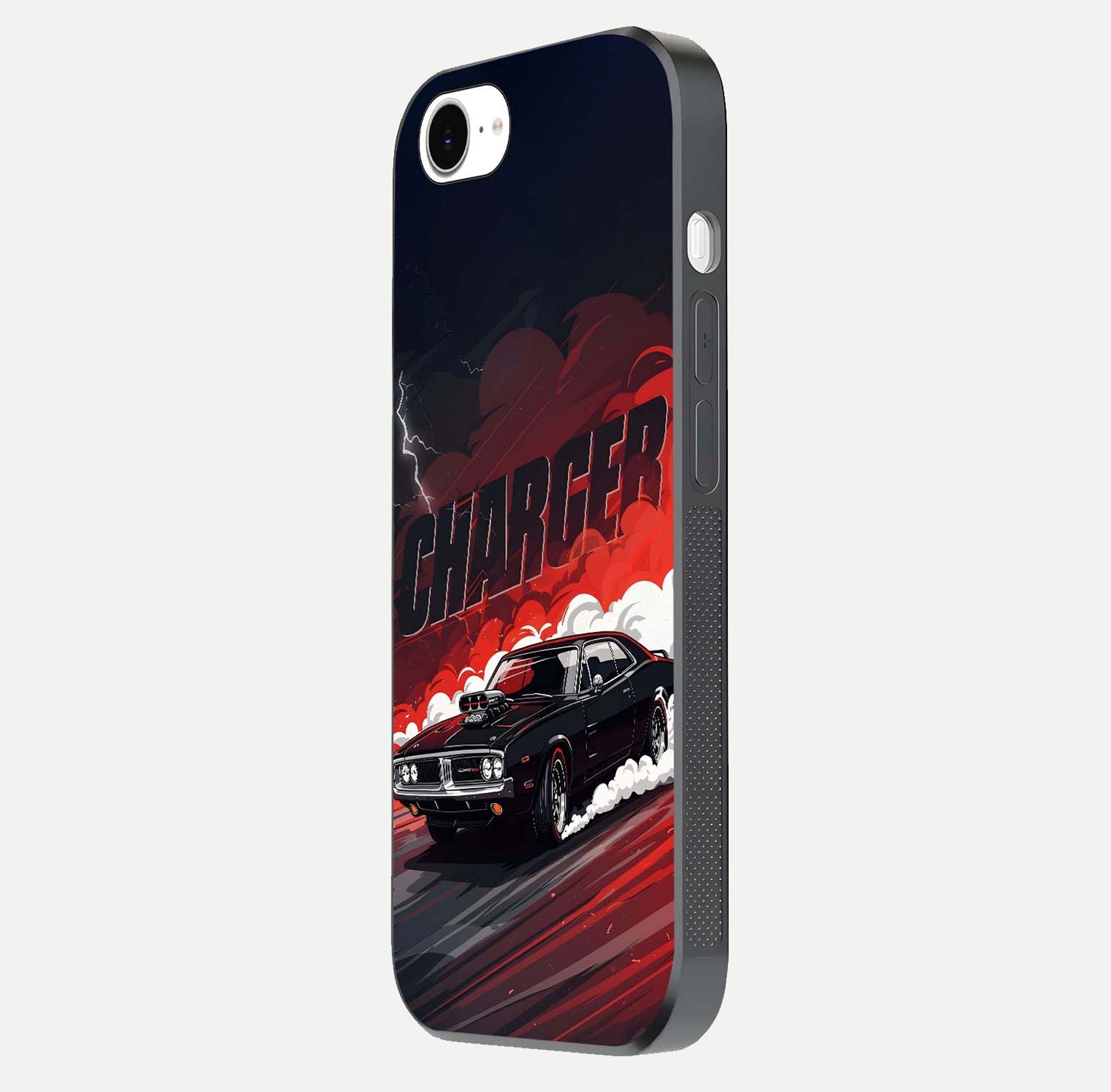 Dark Charger Fury Glass Case for iPhone 16e side-angle image showing edge gloss and bold tone
