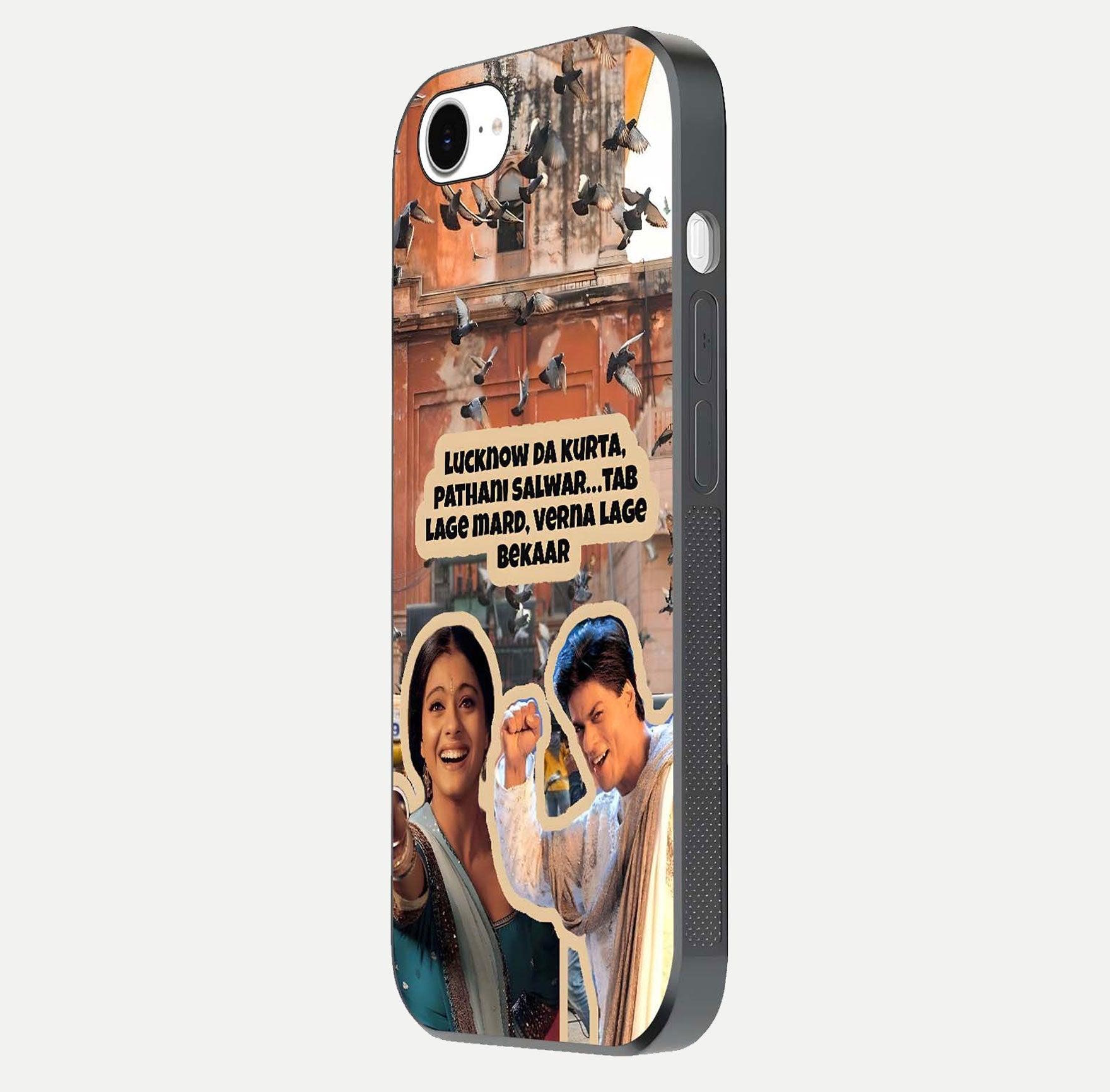 Desi Retro Vibes Glass Case for iPhone 16e side-angle image displaying gloss texture and bold pattern