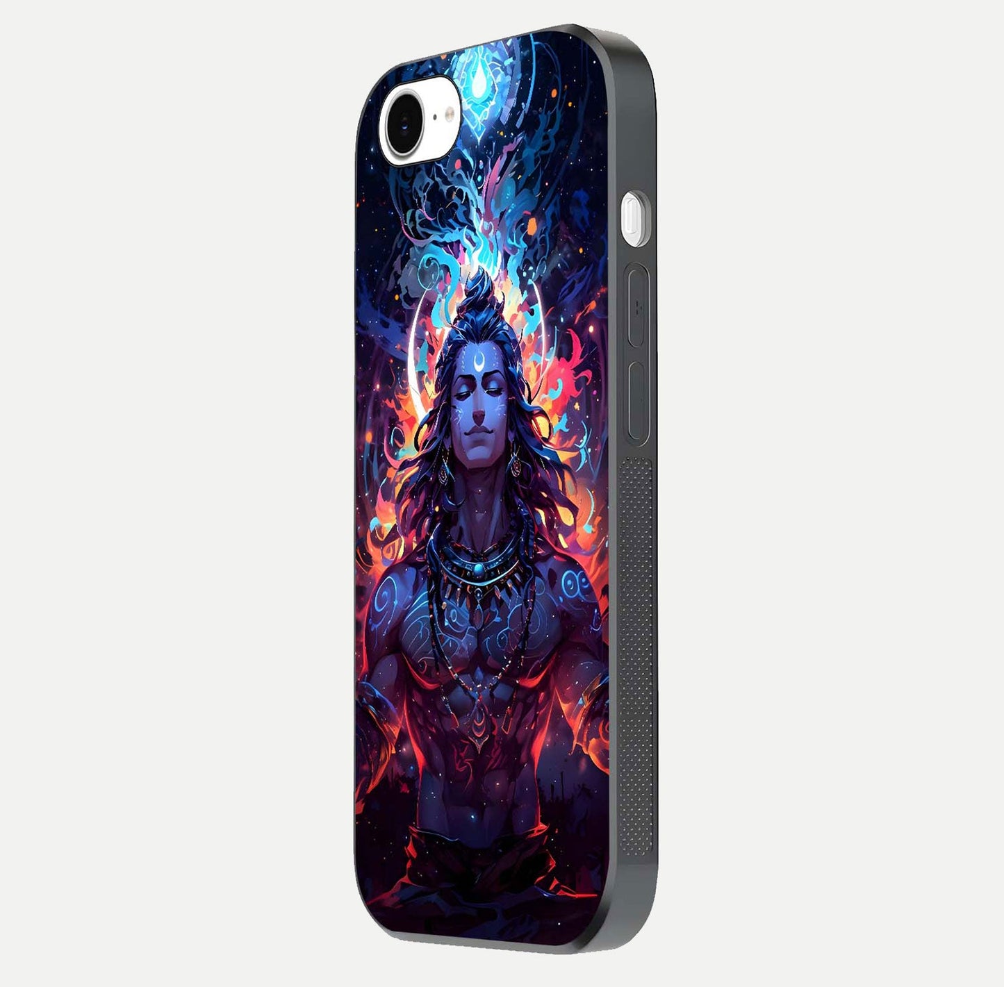 Divine Fire Shiv Glass Case for iPhone 16e side-angle image showing reflection clarity and shine