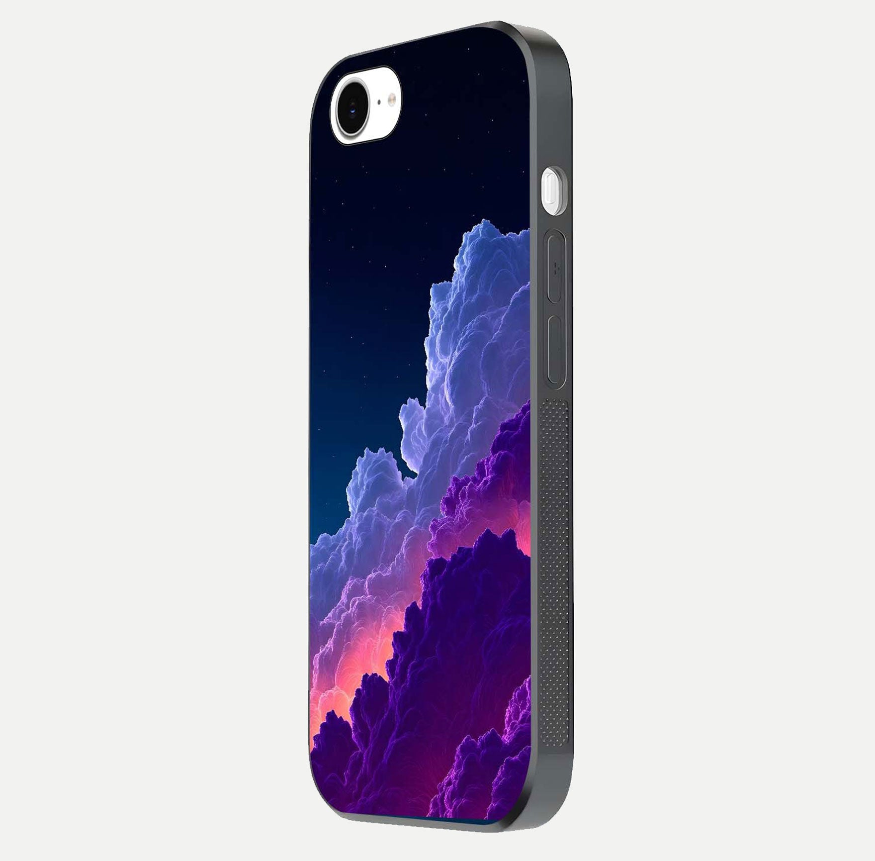 Dreamy Cloud Skies Glass Case for iPhone 16e side-angle image showing reflection clarity and polish