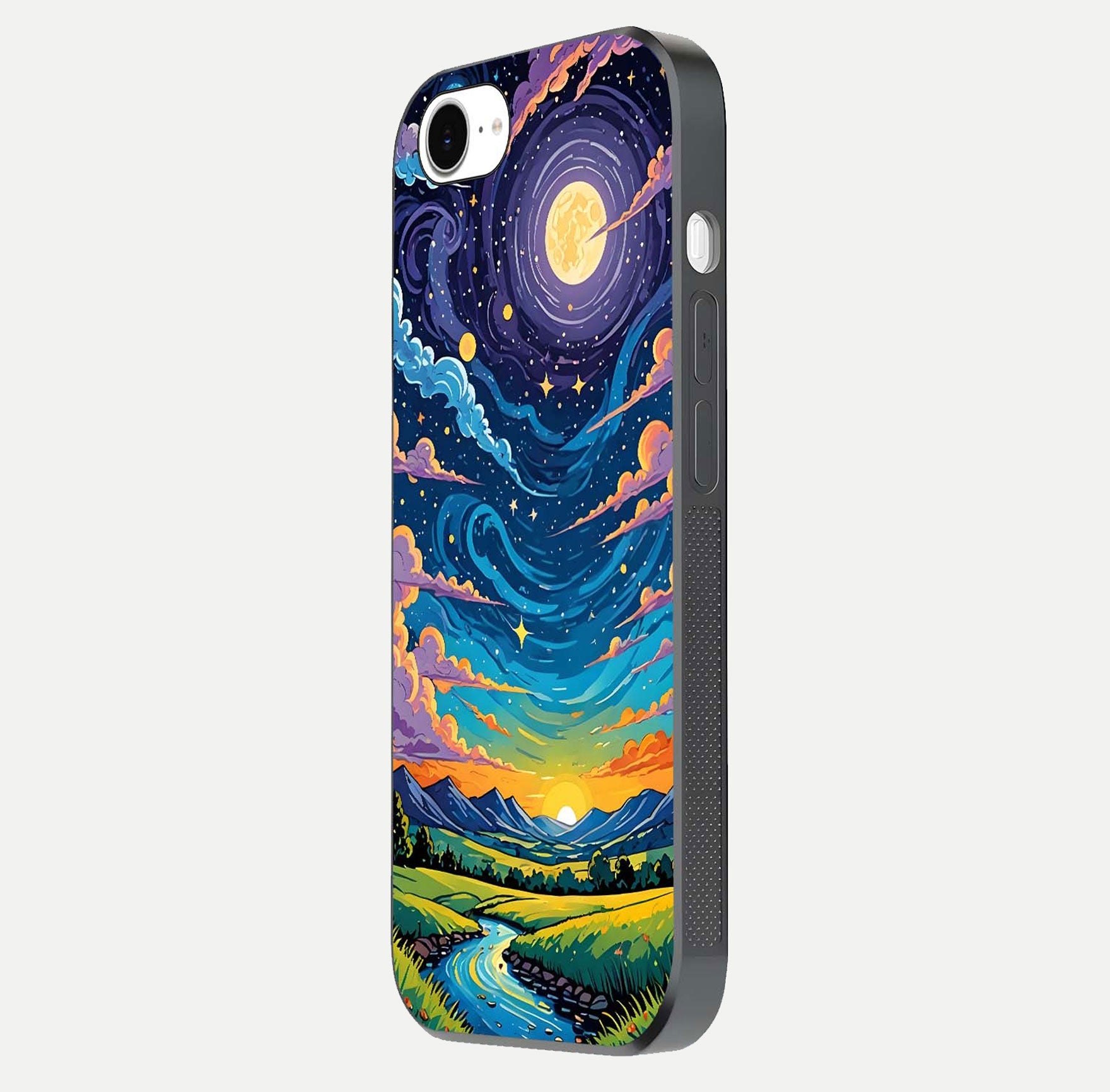 Dreamy Night Landscape Glass Case for iPhone 16e side-angle photo capturing reflection glow and edge detail