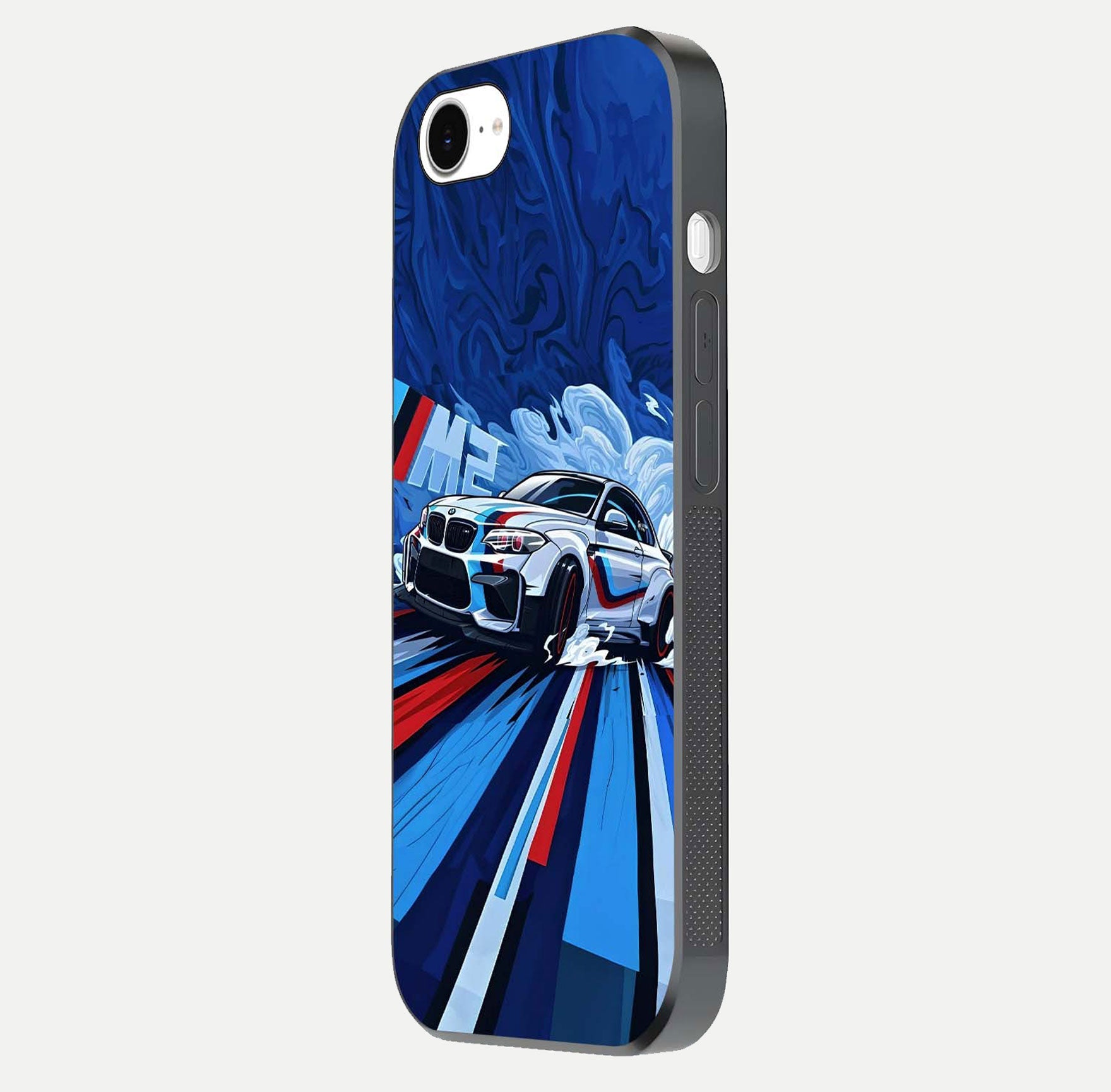 Drift Power Rush Glass Case for iPhone 16e side-angle image capturing reflection glow and smooth curve