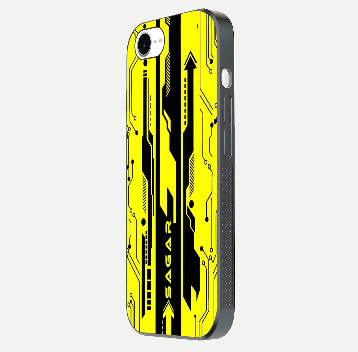 Electric Pulse CYBERPUNK Custom Name Glass Case for iPhone 16e side-angle image showing glossy reflection and edge illumination