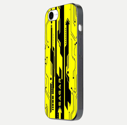 Electric Pulse CYBERPUNK Custom Name Glass Case for iPhone 16e side-angle image showing glossy reflection and edge illumination