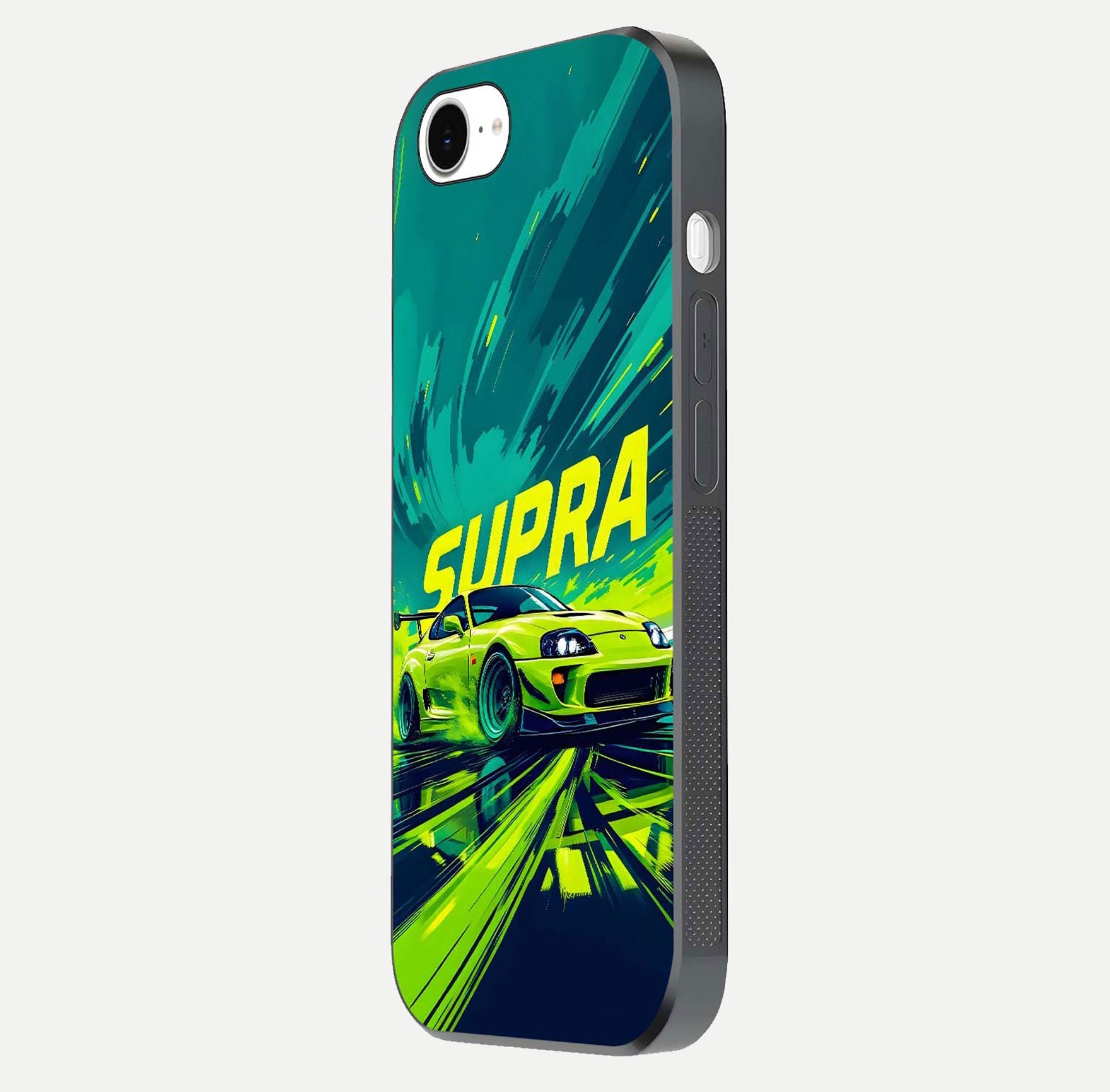 Electric Supra Thunder Glass Case for iPhone 16e side-angle photo showing sleek car outline and reflective shine