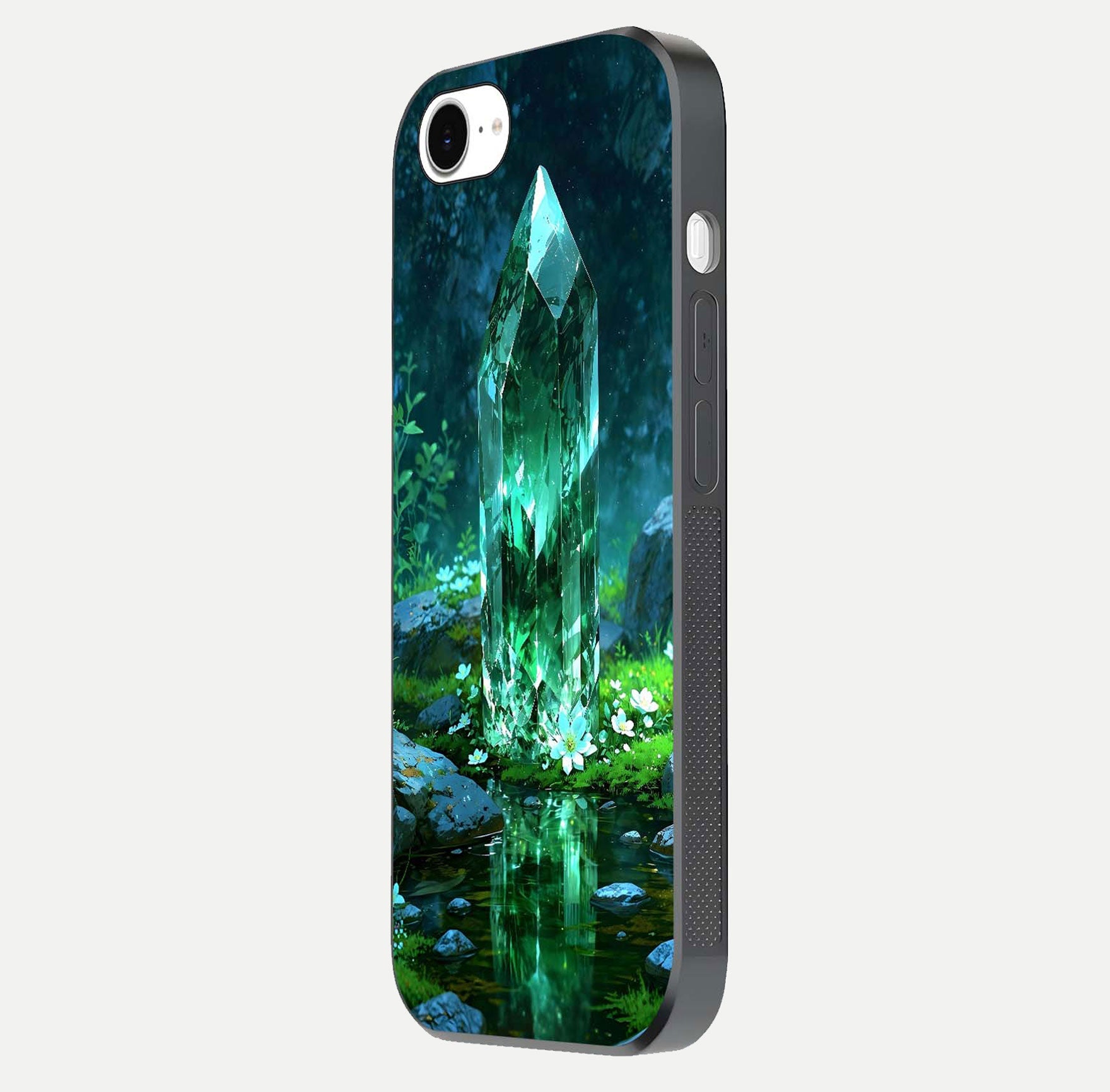 Emerald Light Crystal Glass Case for iPhone 16e side-angle image showing gloss reflection and curved border