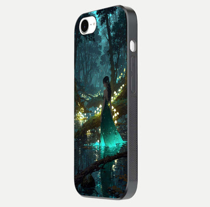 Enchanted Forest Glow Glass Case for iPhone 16e side-angle image capturing shine reflection and rich detail