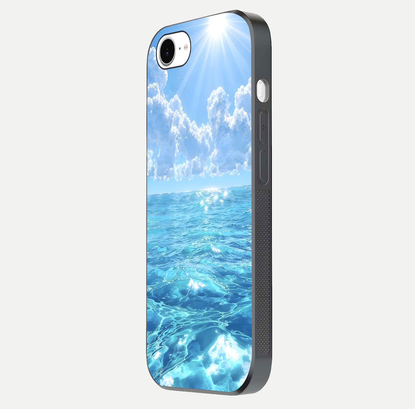 Endless Ocean Horizon Glass Case for iPhone 16e side-angle photo showing reflection glow and wave tone