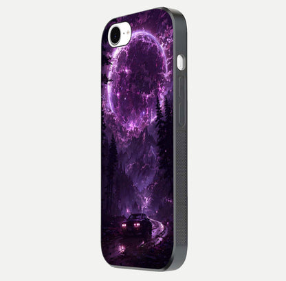 Eternal Cosmic Drive Glass Case for iPhone 16e side-angle image showing reflection texture and color contrast