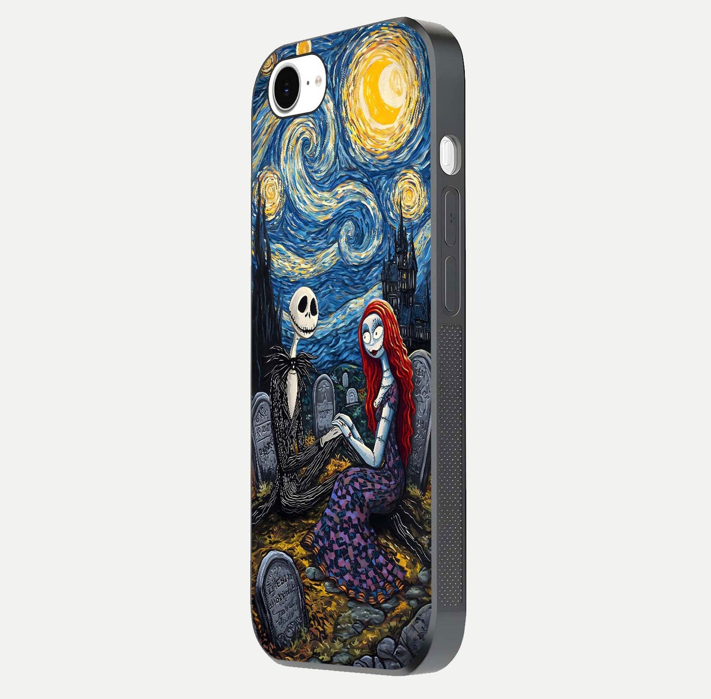 Eternal Night Love Glass Case for iPhone 16e side-angle photo showing edge shine and soft reflection