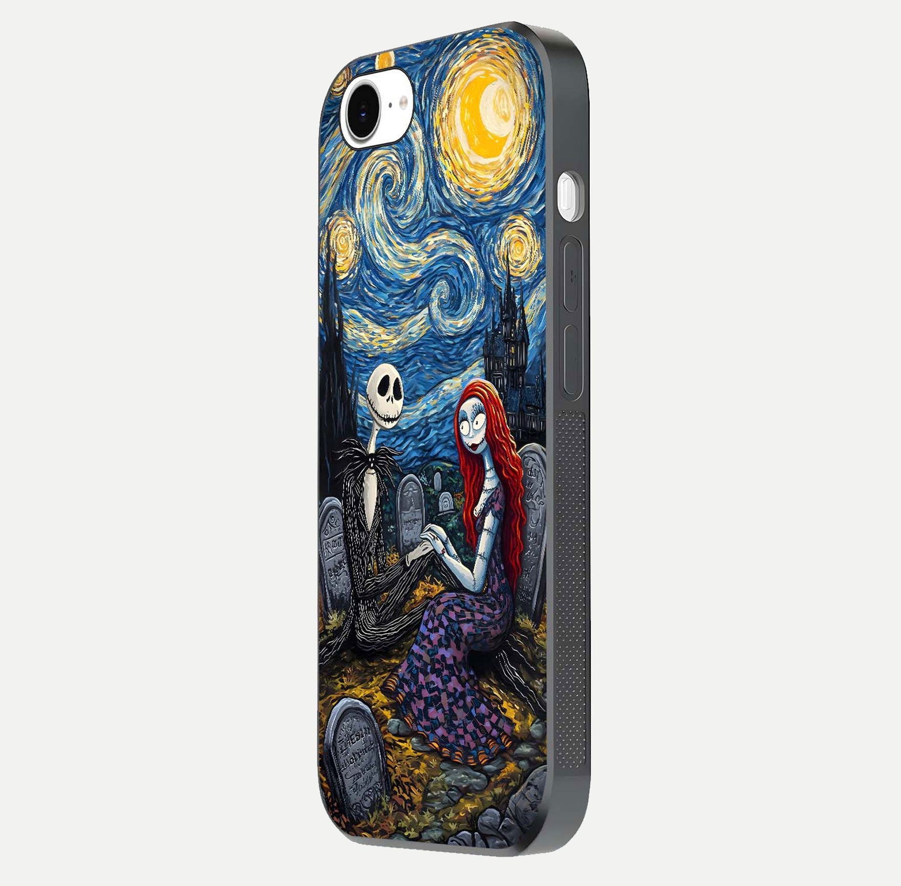 Eternal Night Love Glass Case for iPhone 16e side-angle photo showing edge shine and soft reflection