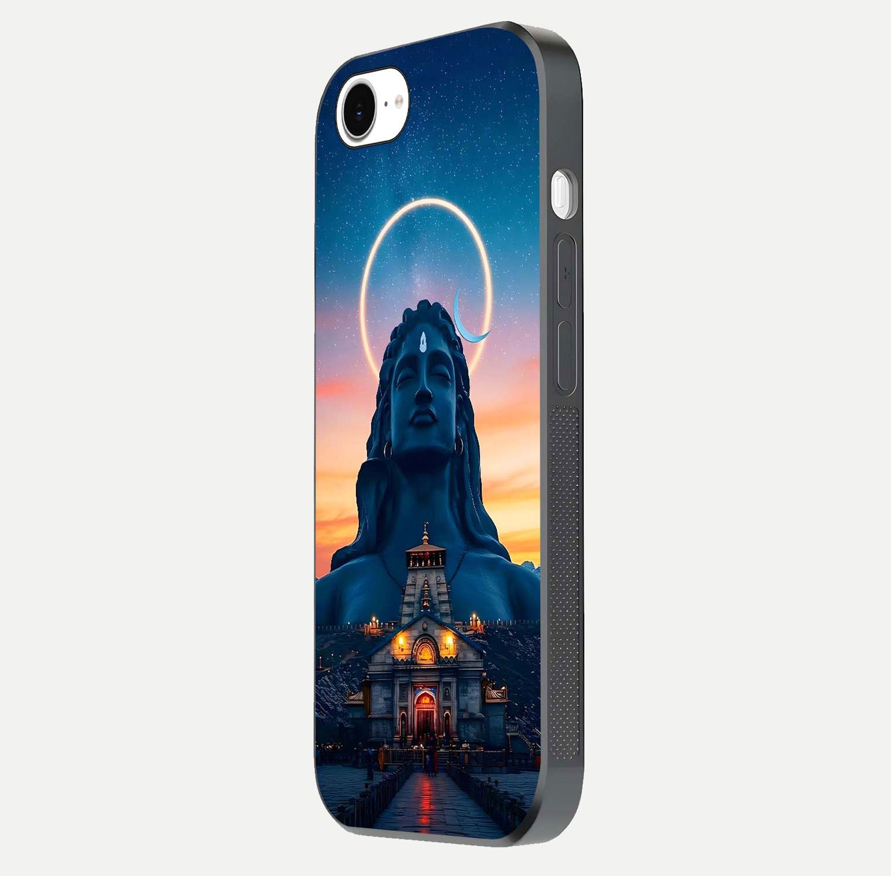 Eternal Shiva Aura Glass Case for iPhone 16e side-angle image showing reflection clarity and rich tone