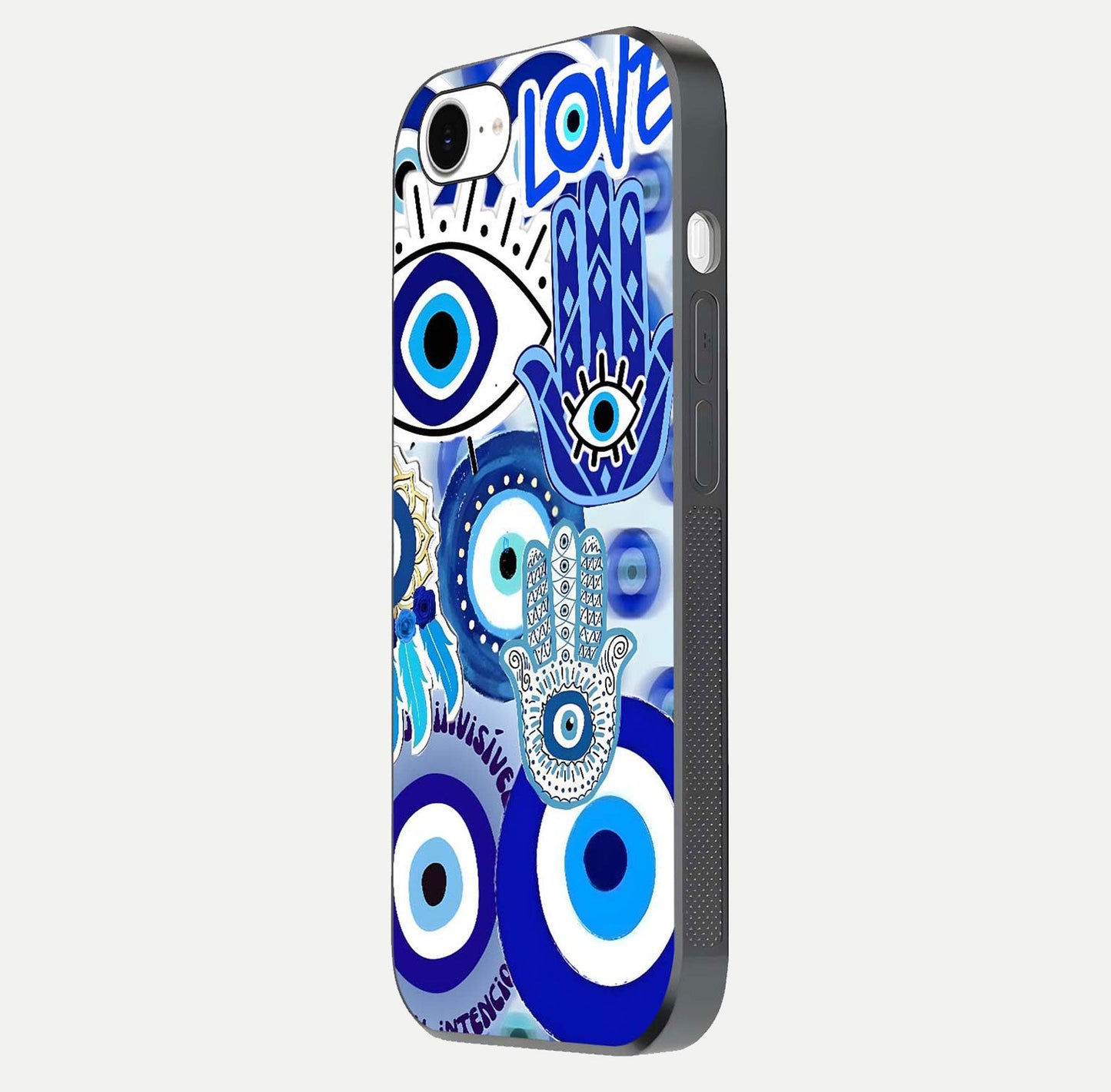 Evil Eyes Dream Glass Case for iPhone 16e side-angle photo capturing smooth edges and reflective texture