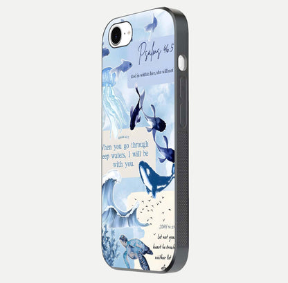 Faithful Ocean Promise Glass Case for iPhone 16e side-angle photo showing reflection glow and color clarity