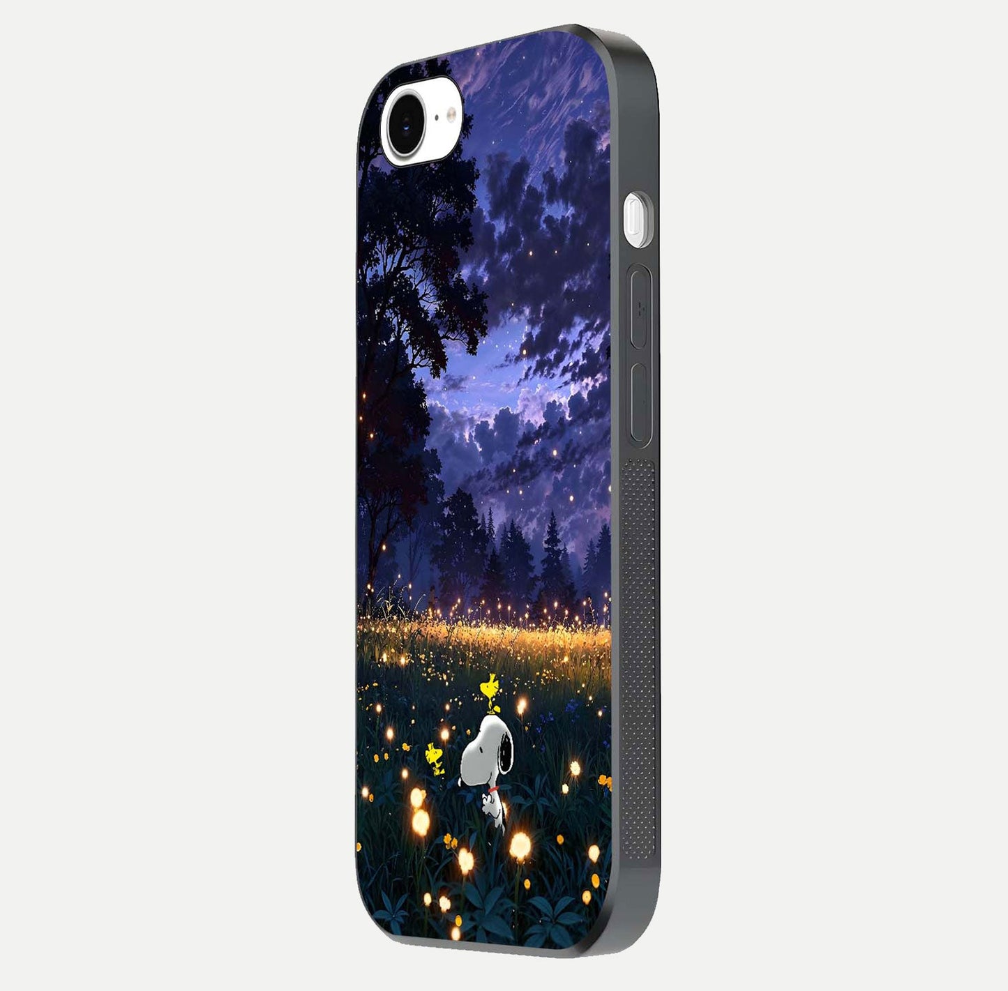 Firefly Meadow Magic Glass Case for iPhone 16e side-angle image capturing glow reflection and fine texture