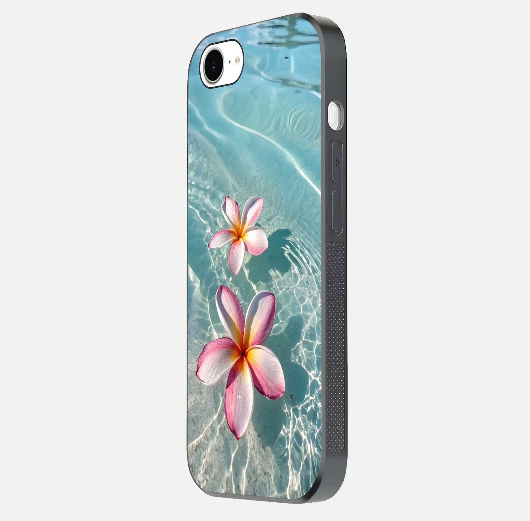 Floating Bloom Bliss Glass Case for iPhone 16e side-angle photo showing smooth reflection and elegant curve