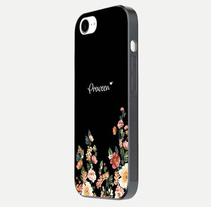 Floral Design Personalized Custom Name Glass Case for iPhone 16e side-angle image showing name alignment and gloss shine