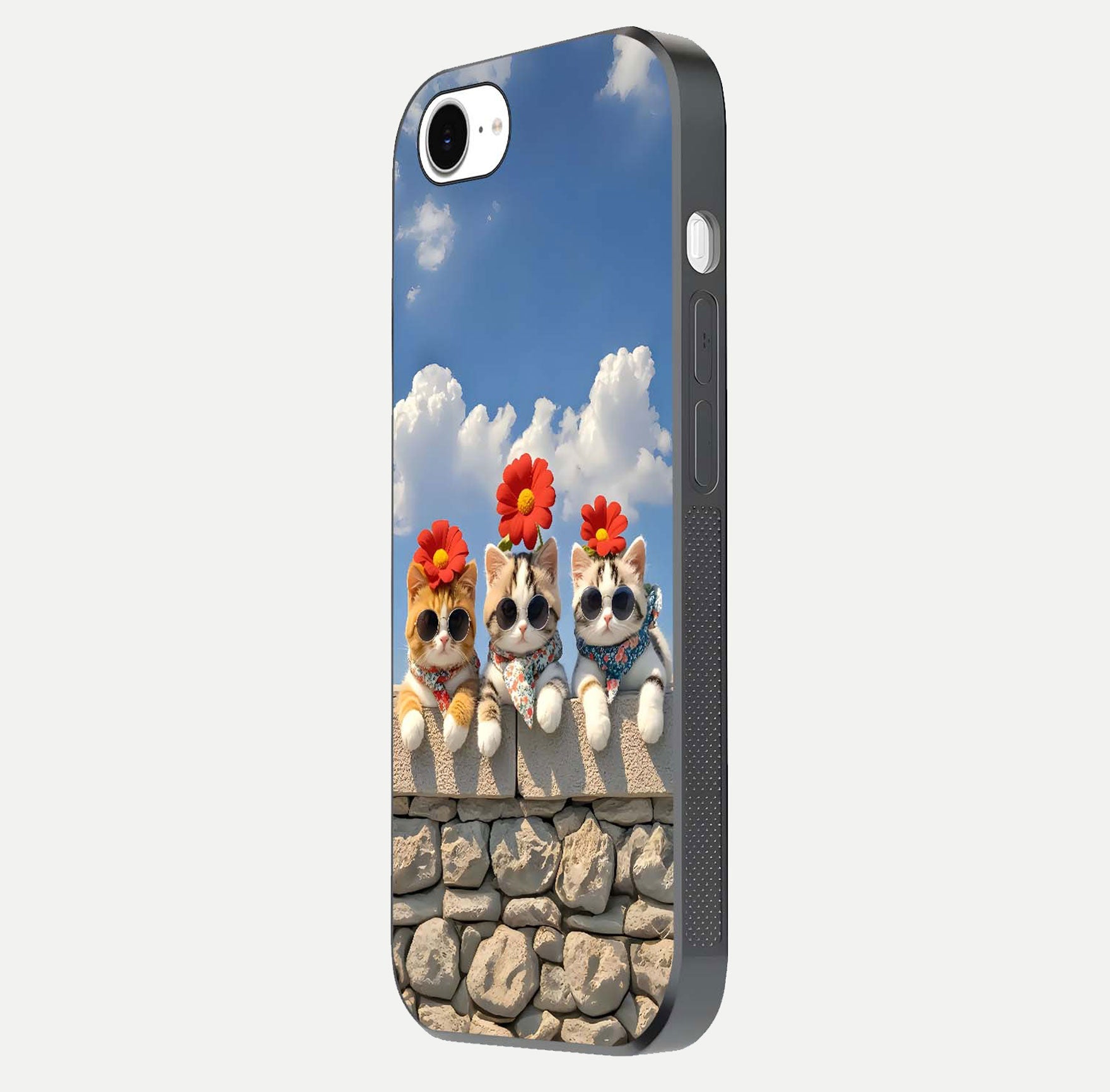 Floral Kitty Squad Glass Case for iPhone 16e side-angle photo showing reflection glow and polished surface