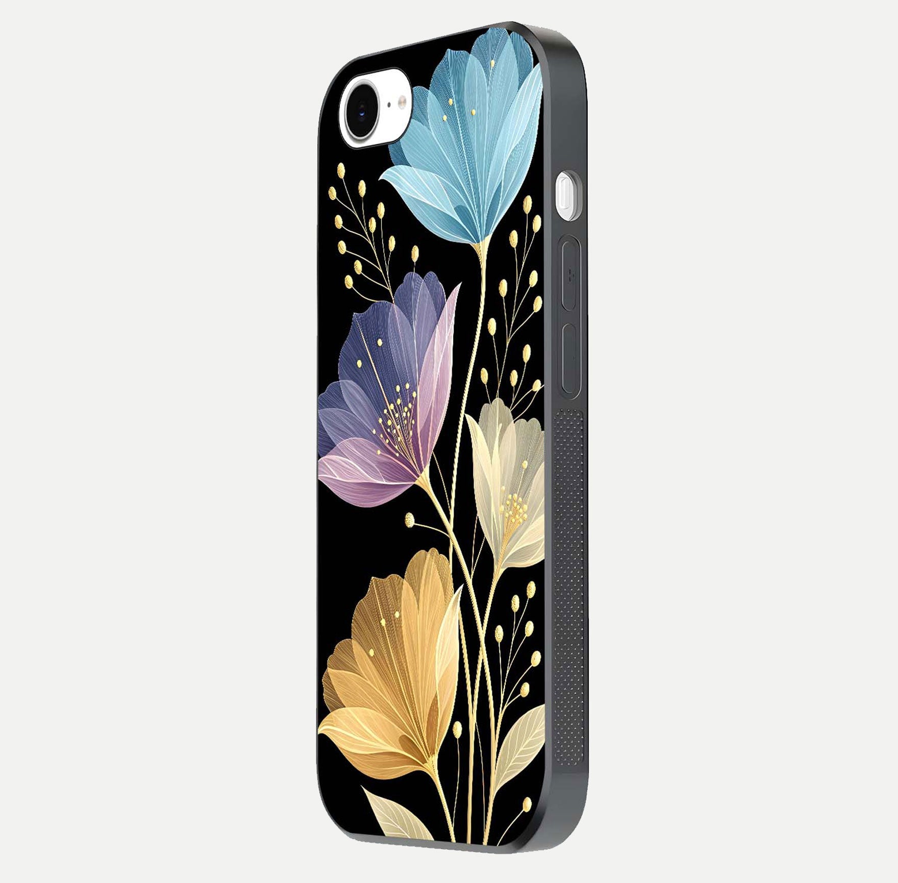 Flower Bloom Glow Glass Case for iPhone 16e side-angle image capturing gloss reflection and flower glow