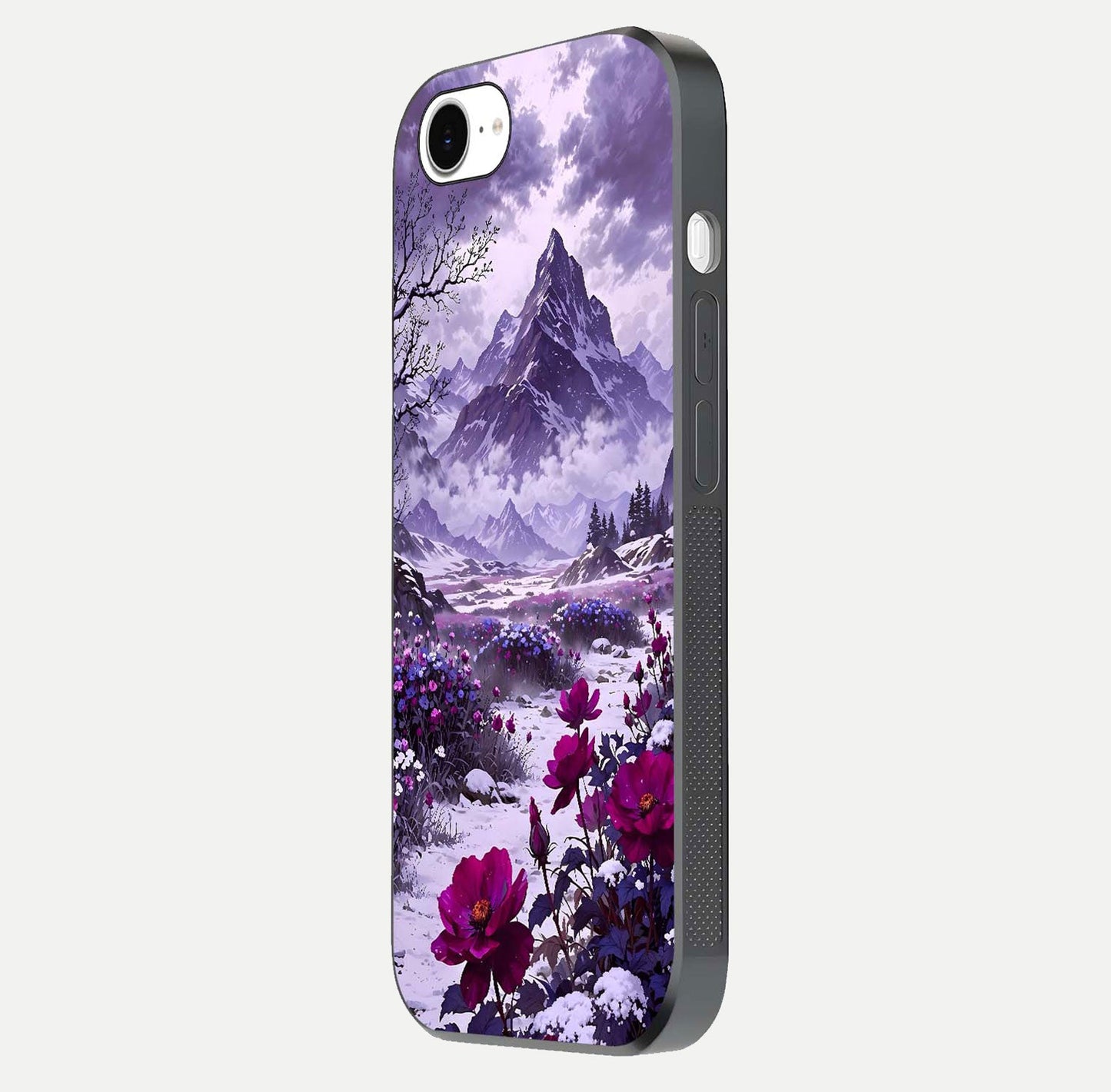 Flower Mountain View Glass Case for iPhone 16e side-angle image showing gloss polish and smooth edge