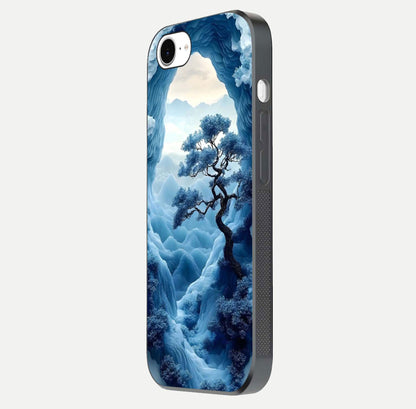 Frozen Serenity Gate Glass Case for iPhone 16e side-angle photo showing reflective surface and cold tones