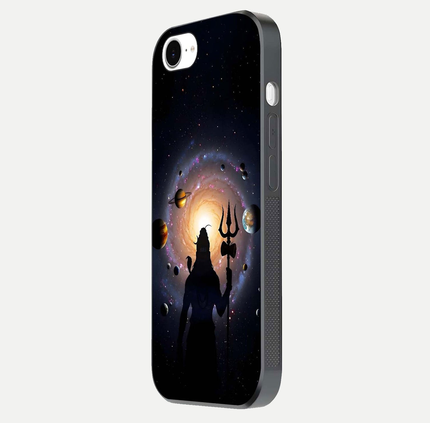 Galactic Shiva Vision Glass Case for iPhone 16e side-angle image showing light reflection, glass edges, and spiritual cosmic theme