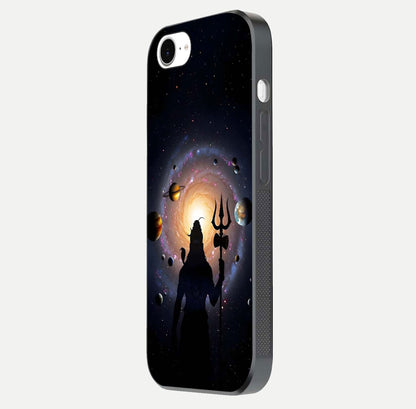 Galactic Shiva Vision Glass Case for iPhone 16e side-angle image showing light reflection, glass edges, and spiritual cosmic theme