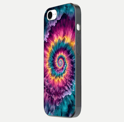 Galactic Spiral Burst Glass Case for iPhone 16e side-angle image showing reflection clarity and vivid galactic texture