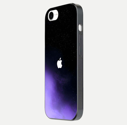 Galaxy Apple Aura Glass Case for iPhone 16e side-angle image showing glossy surface and soft reflection hues